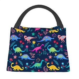 Dinosaurs Navy with Flowers Insulated Lunch Bag Stegosaurus Dino Lover T-Rex NEW